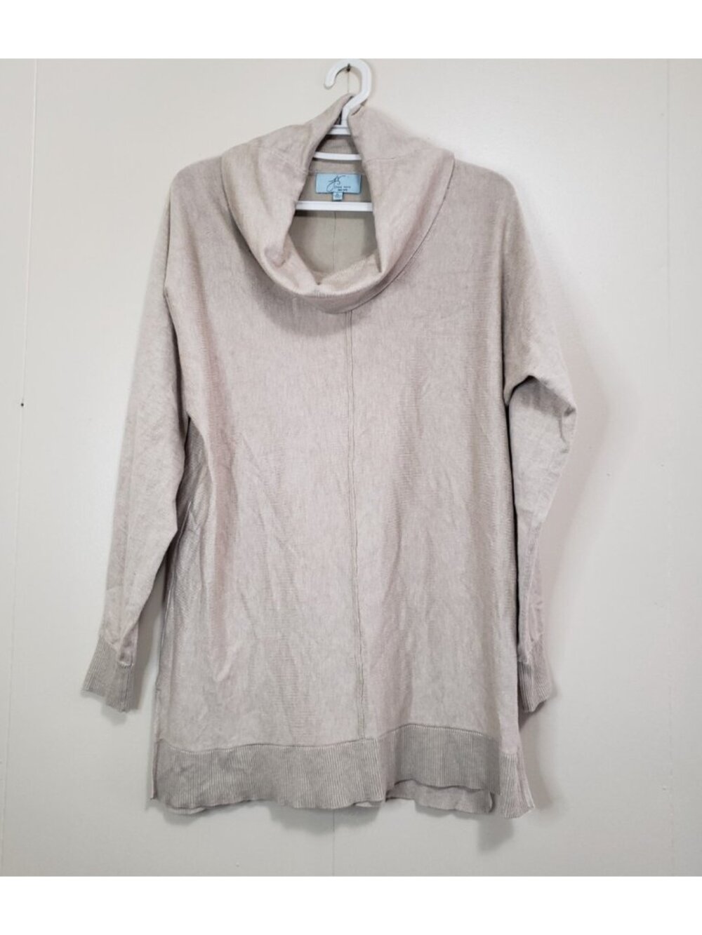 Joan Vass NY Womens XL Sweater Beige Cowl Neck Pullover Quiet Luxury Beigecore